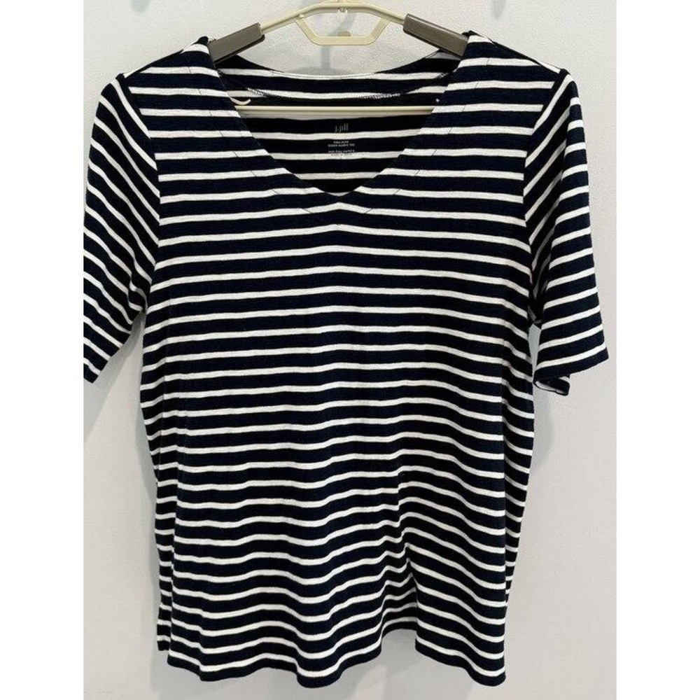 J Jill Pima Slub Elbow Sleeve Tee 100% Pima Cotton Navy Stripe V Neck Size L